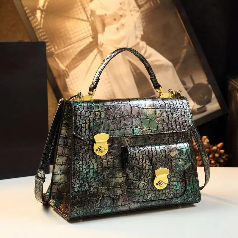 Genuine Leather Gradient Crocodile Pattern Messenger Bag