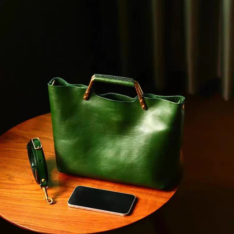 Soft Leather Tote Metal Handle Large Capacity Crossbody Bag
