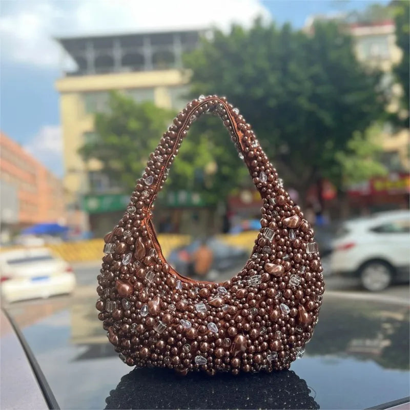 Half Moon Pearl Bag Woven Bead Bag Tassel Bucket Bag