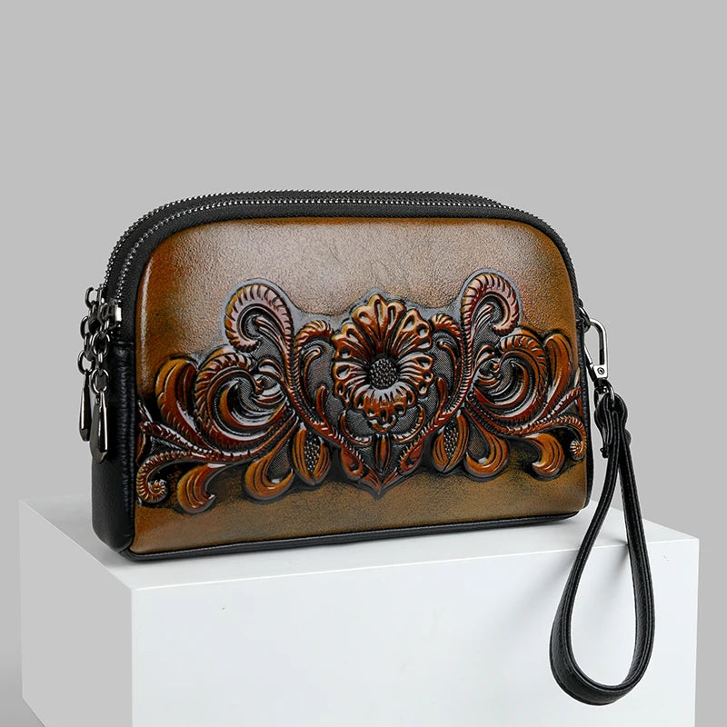 Designer Wrist Bag Women Relief Shoulder Bag Retro Small Fashionable Mommy Phone Pocket High-quality Leather Crossbody Purse