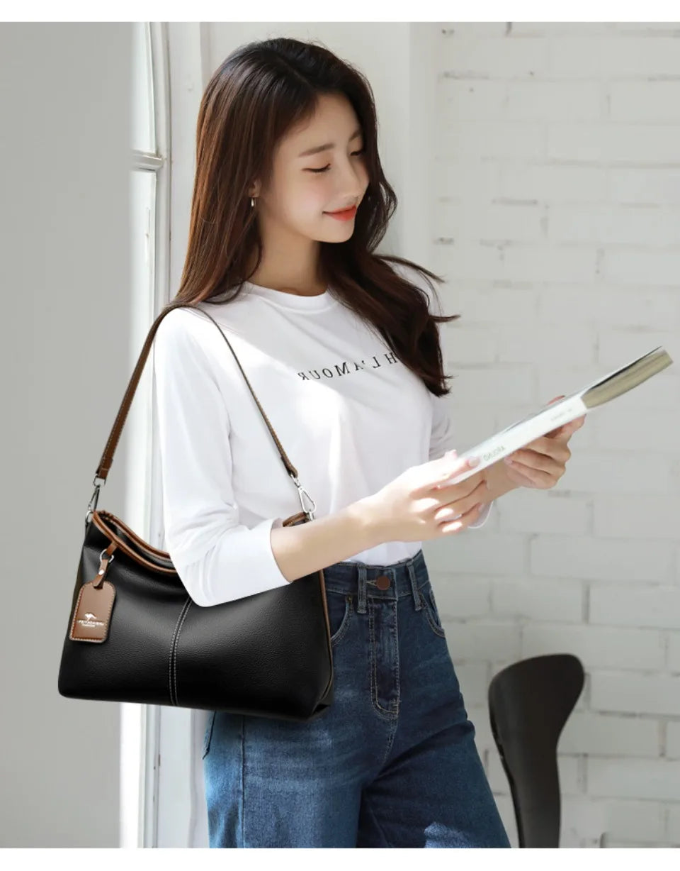 High Quality Soft Pu Leather Shoulder Handbags Color Contrast Crossbody Bag