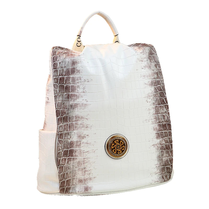 White Leather Crocodile Women Backpack Large Capacity Commuter Travel Backpacks