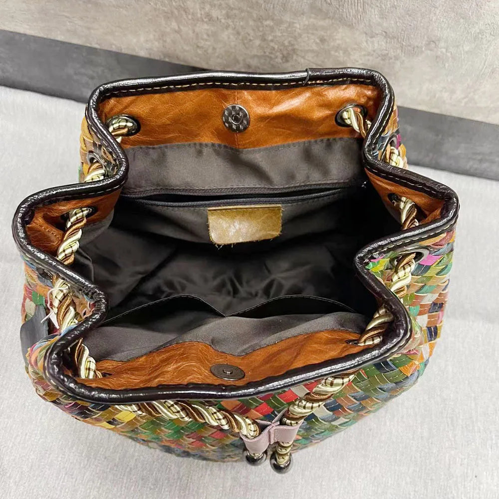 Color Weaving Genuine Leather Backpack Real Cow Leather Backpack Vintage Fashion