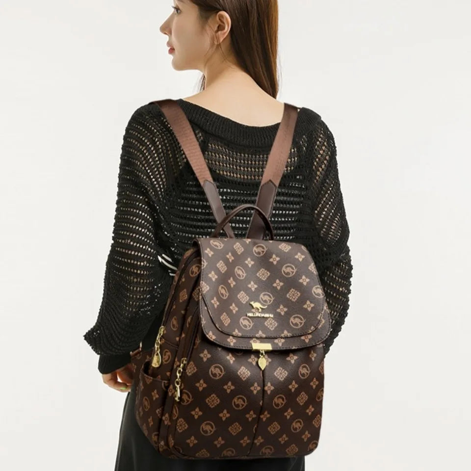 Classic Kangaroo Printed Backpacks Pu Leather Backpack