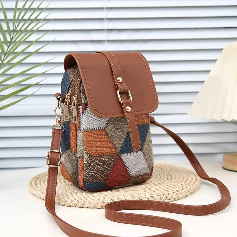 Retro Contrasting Color Multi-layer Small Crossbody Bag Diamond Splicing Phone Bag