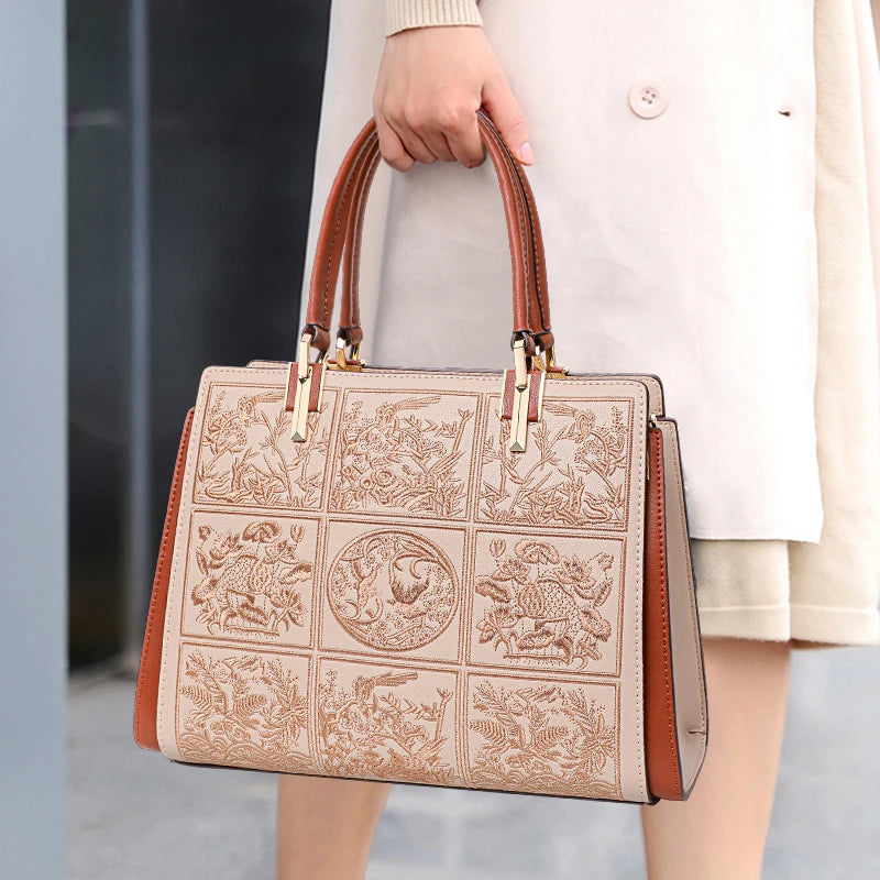 Embroidered Leather Tote Patchwork Design With Dual Straps