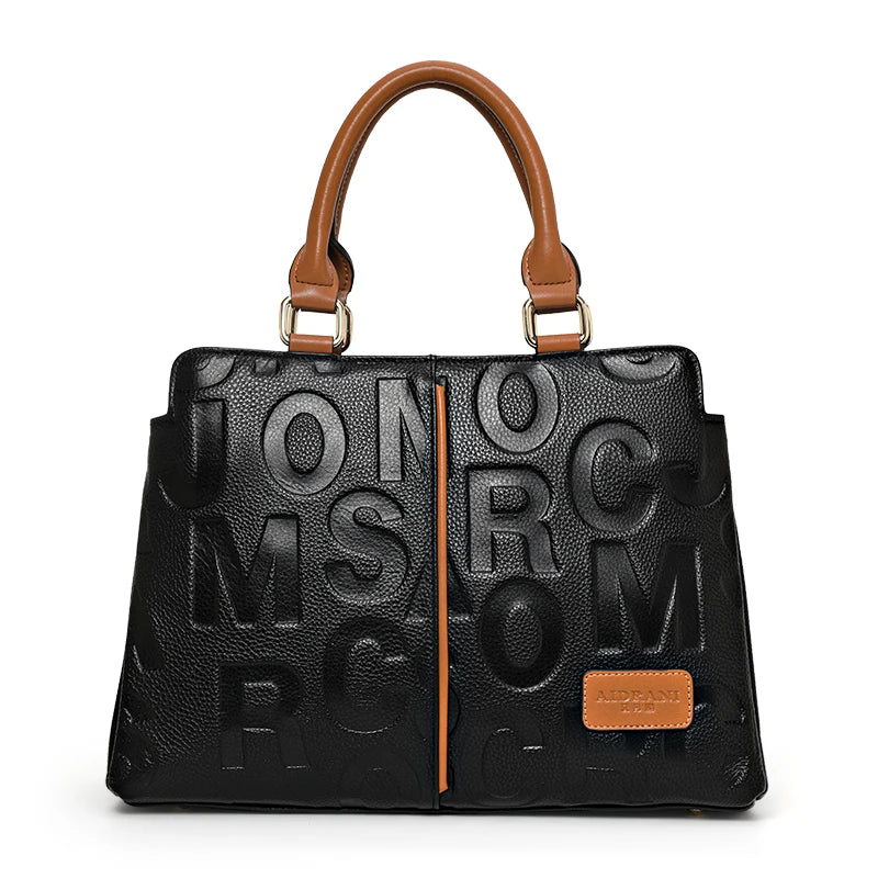 Ladies' Genuine Cowhide Leather Handbag with Letters Crossbody Large-Capacity Tote Bag