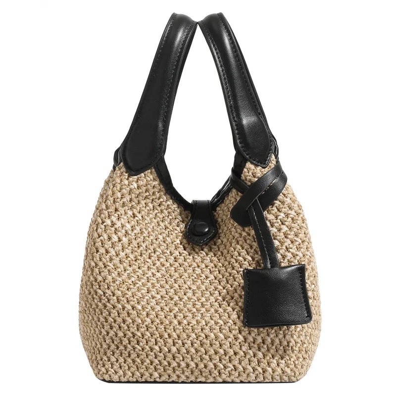 Straw Woven Bucket Bag Leather Handle Crossbody Bag