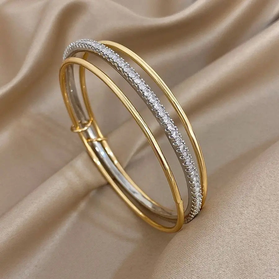 3pcs Two Tone Full Rhinestone Smooth Bangle Bracelets for Women