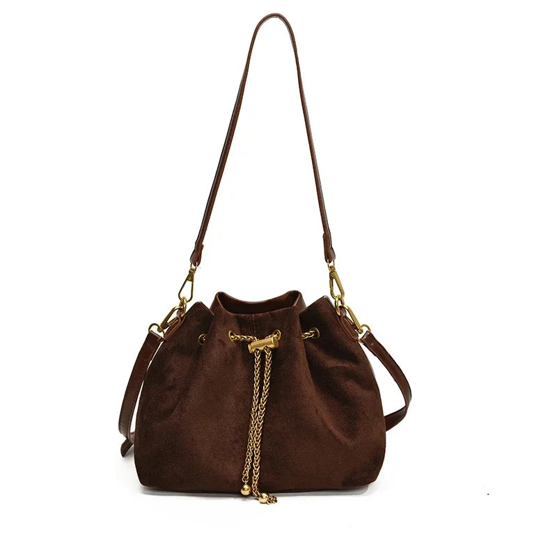 Soft Solid Faux Suede Simple Commuting Crossbody Bags String Closure Type Handbags