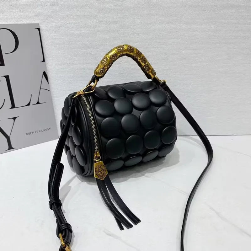 Retro Button Design Leather Handbag Luxury Round Tube Bucket Bag