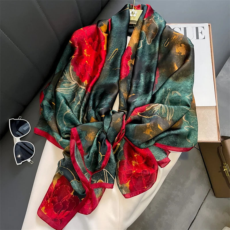180*90cm Large Silk Satin Scarf Hijab Women Print Shawl