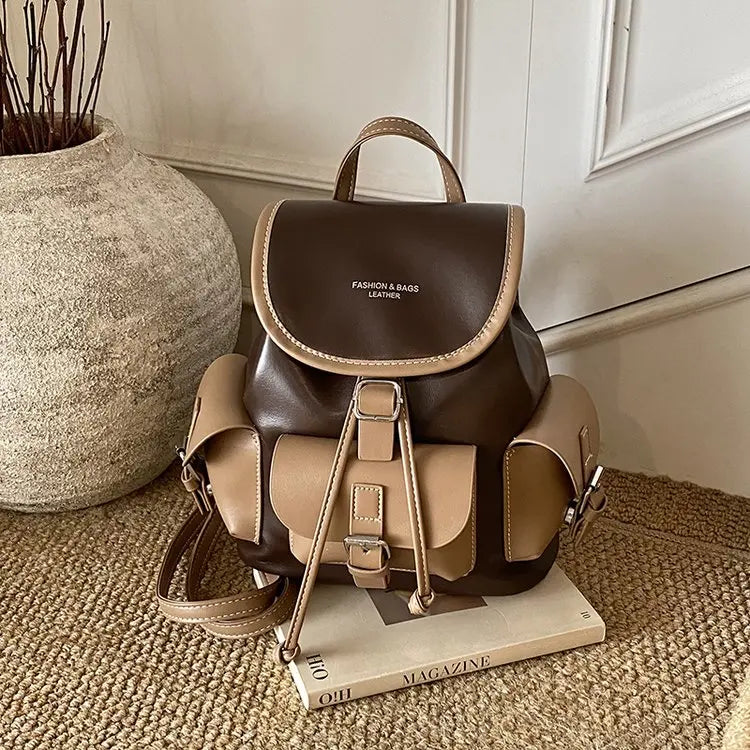 Vintage Black & Brown Leather Backpack Drawstring Flap Design with Side Pockets