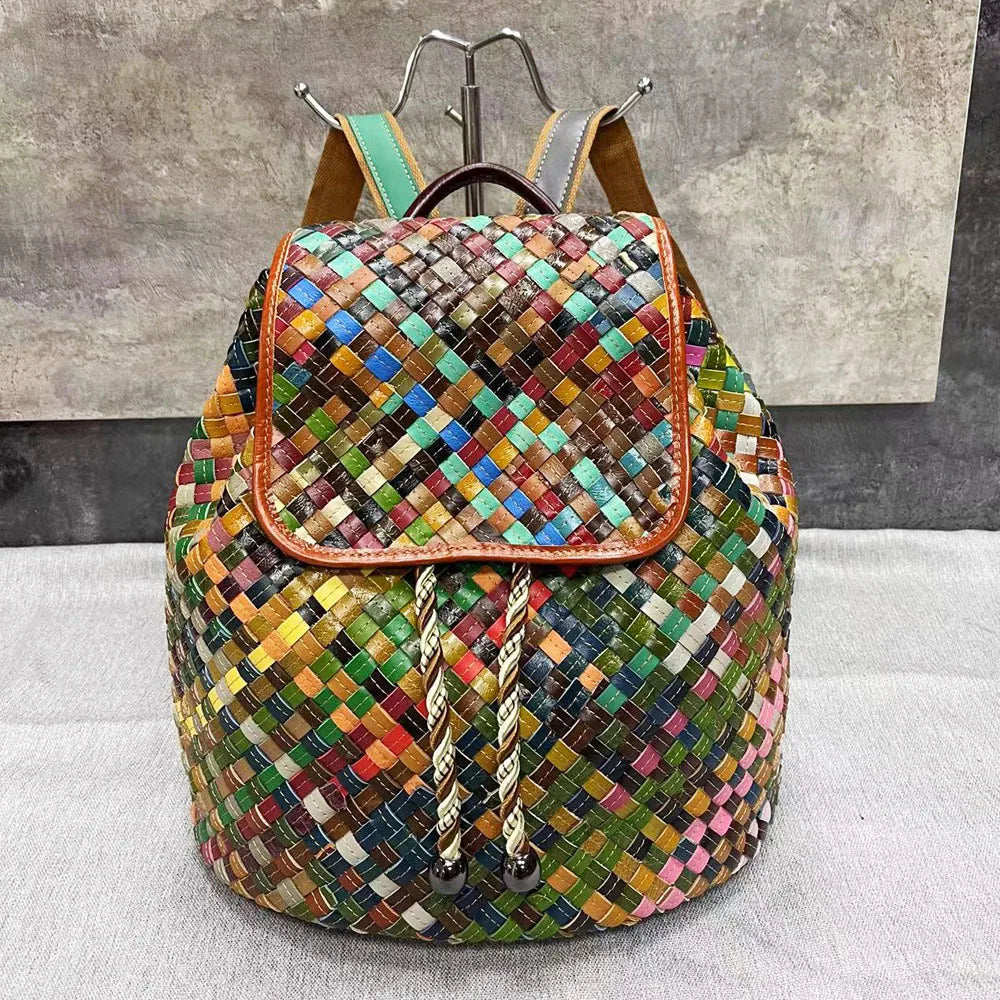 Color Weaving Genuine Leather Backpack Real Cow Leather Backpack Vintage Fashion