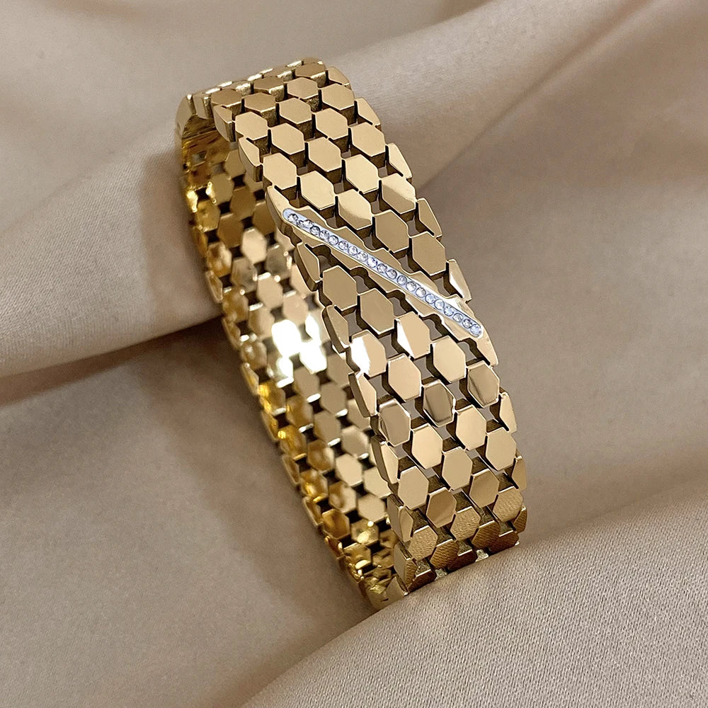 Chunky Inlaid Rhinestone Geometric Wide Stainless Steel Bangles Bracelets