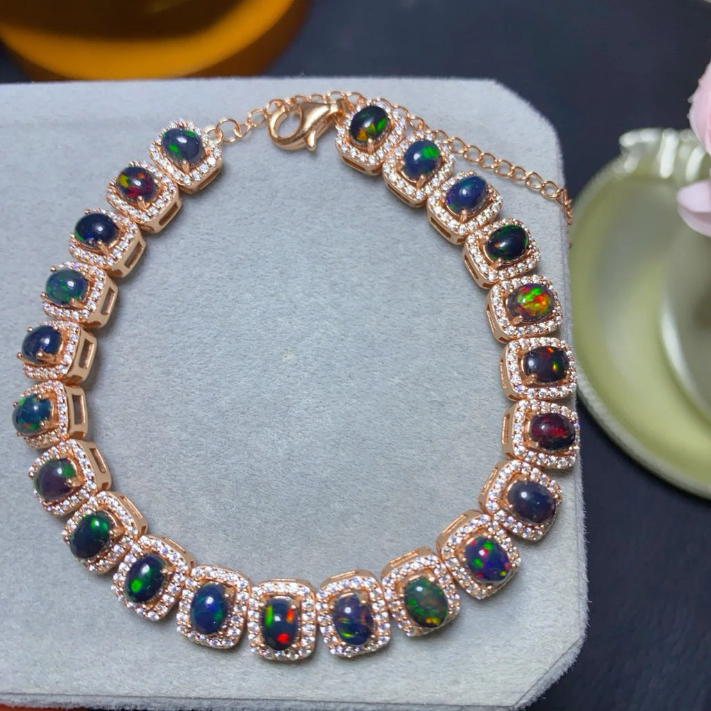 Natural Flash Fire Black Opal Bracelet 4*5mm Large Center Stone