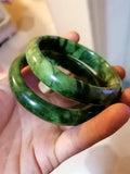 Natural Green White Hand Carved Wide Jade Bracelet