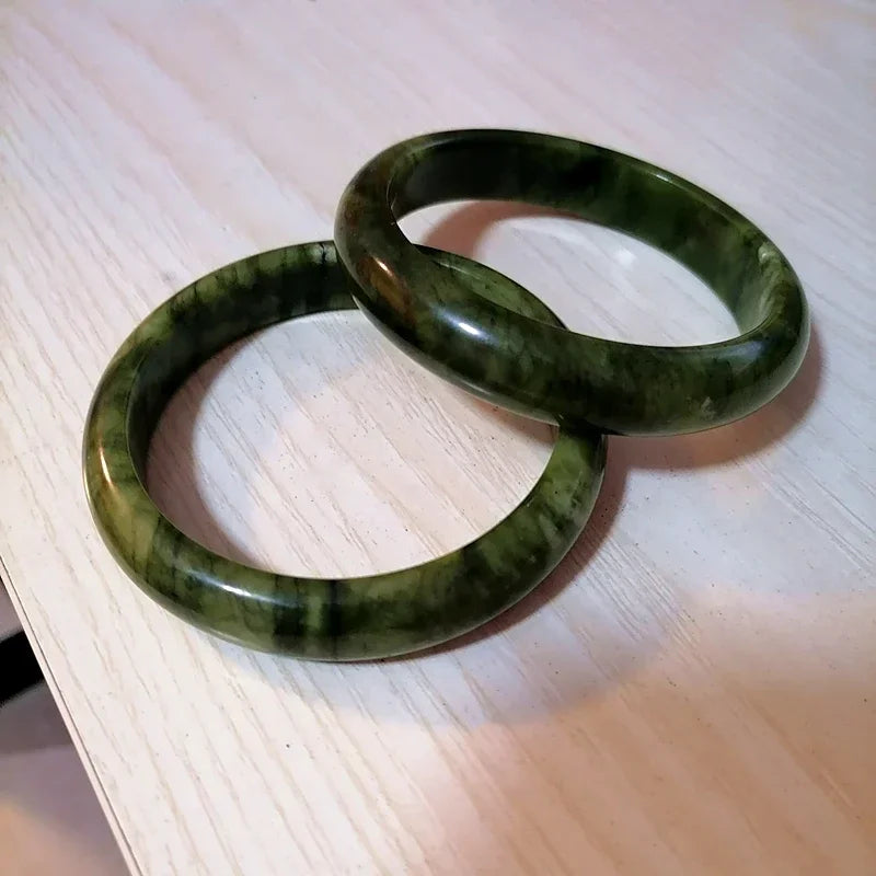 Natural Green White Hand Carved Wide Jade Bracelet