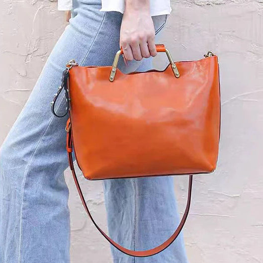 Soft Leather Tote Metal Handle Large Capacity Crossbody Bag