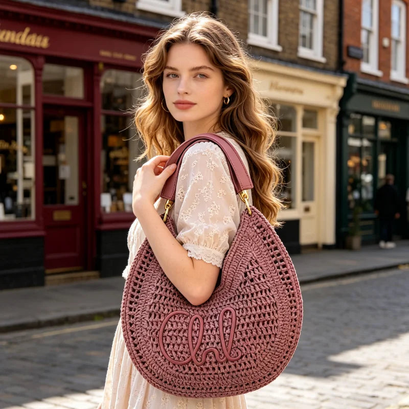 Straw Woven Crescent Hollow Design Large Capacity Bag