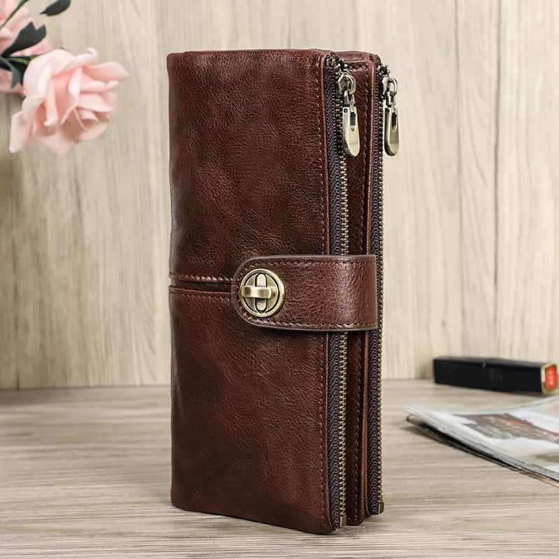 Genuine Leather Long Wallets Full Grain Leather Purse Card Holder Money Clip