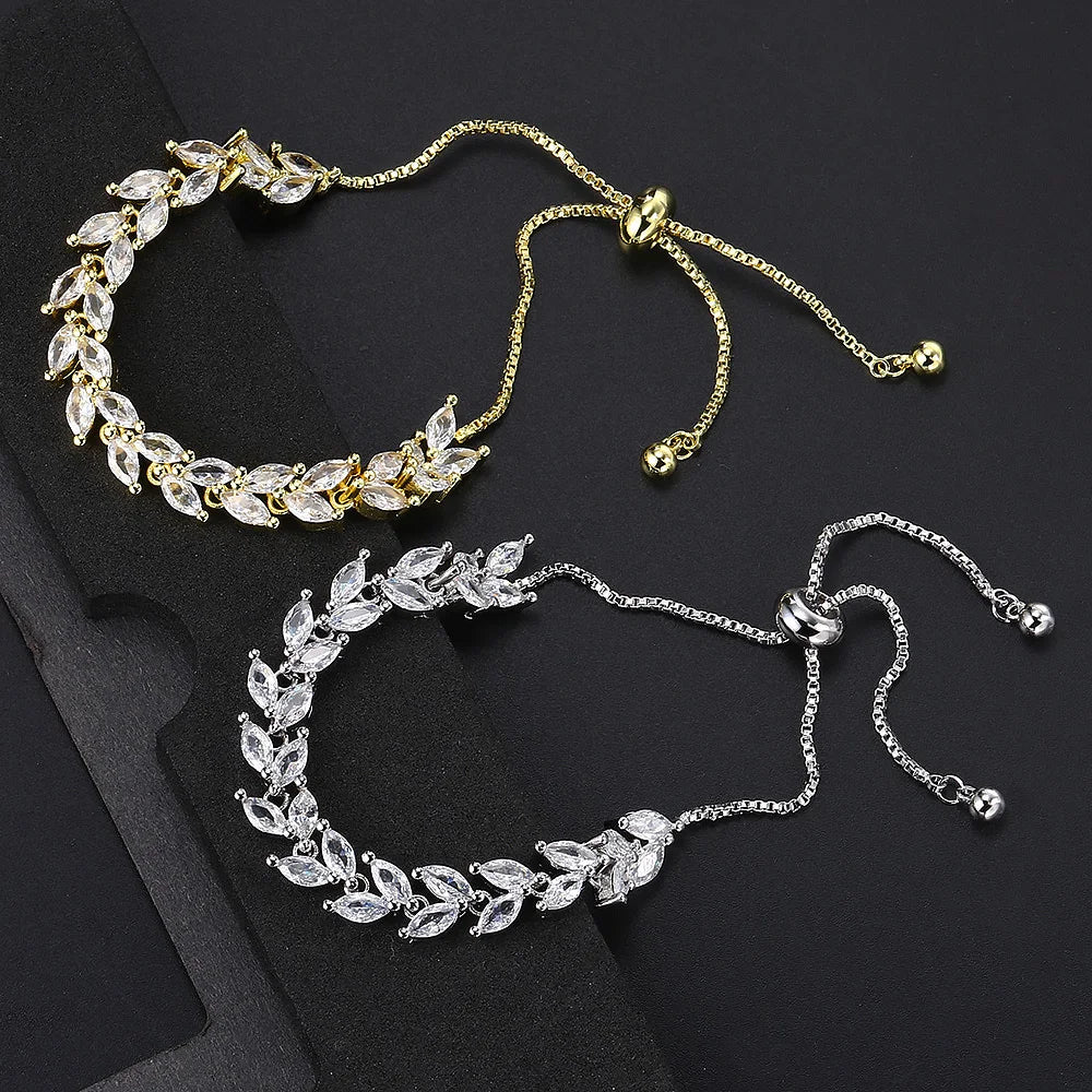 Cubic Zirconia Leaves Bracelet Bangle Adjustable Luxury