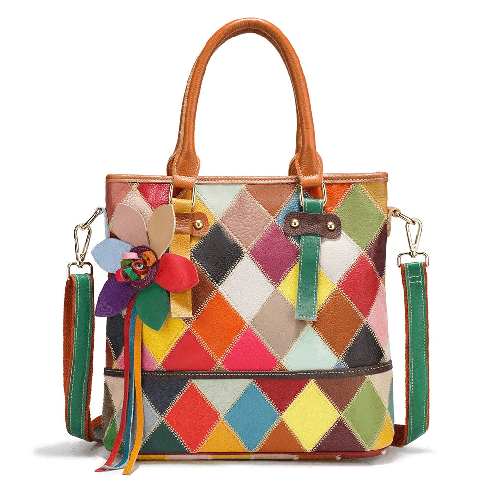 Fashionable Patchwork Tote Bag Genuine Leather Large Capacity