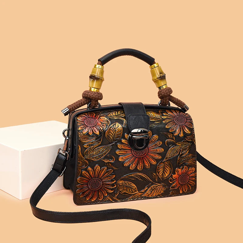 Vintage Embossed Handmade Handbags Top Quality PU Leather Tote