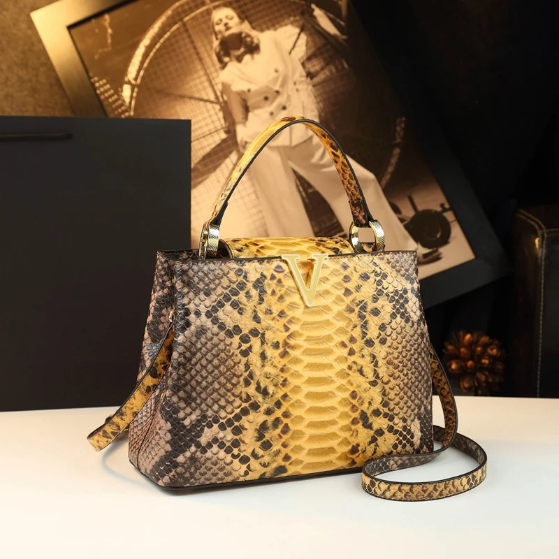 Fashionable Bucket Bag Leather Snake Pattern Shoulder Bag