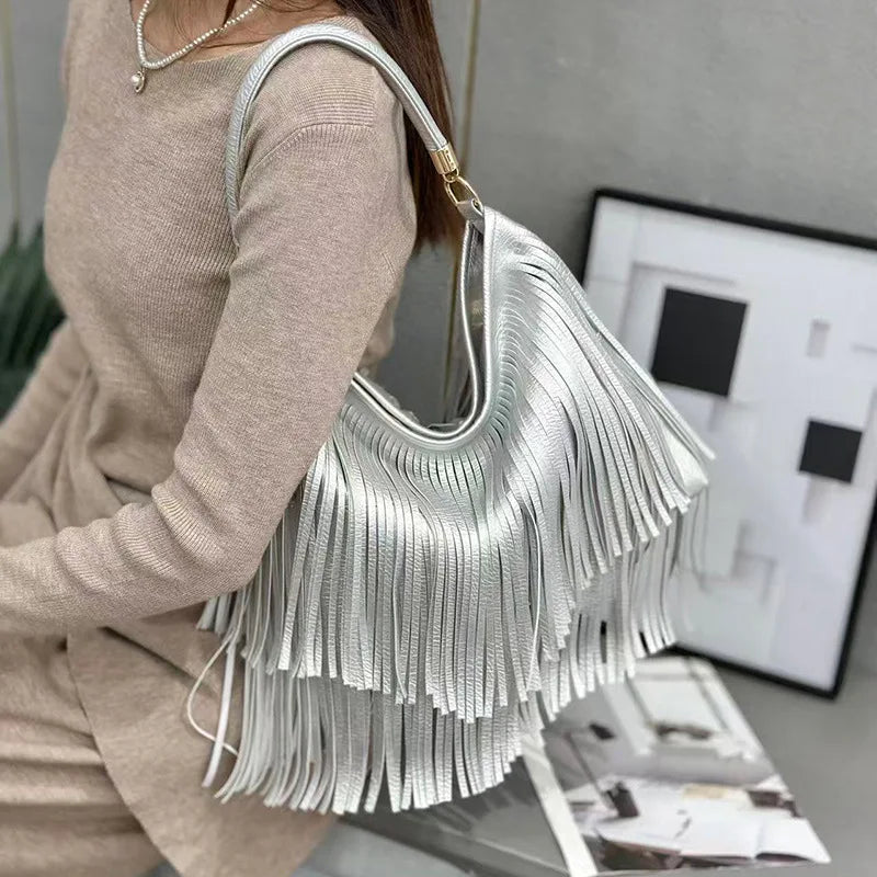 Large Capacity Tassel Shoulder Bags Leather Vintage Shoulder Crossbody Bags For Women
