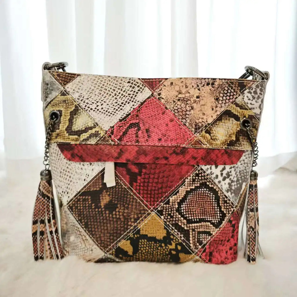 Snake Patchwork Design Handbag Genuine Leather Bucket Bag