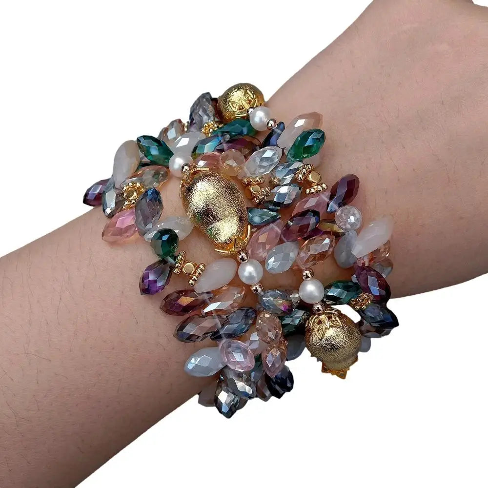 4 Strands 13x20mm Brushed Bead 6x12mm Multi Color Crystal  White Pearl Bracelet