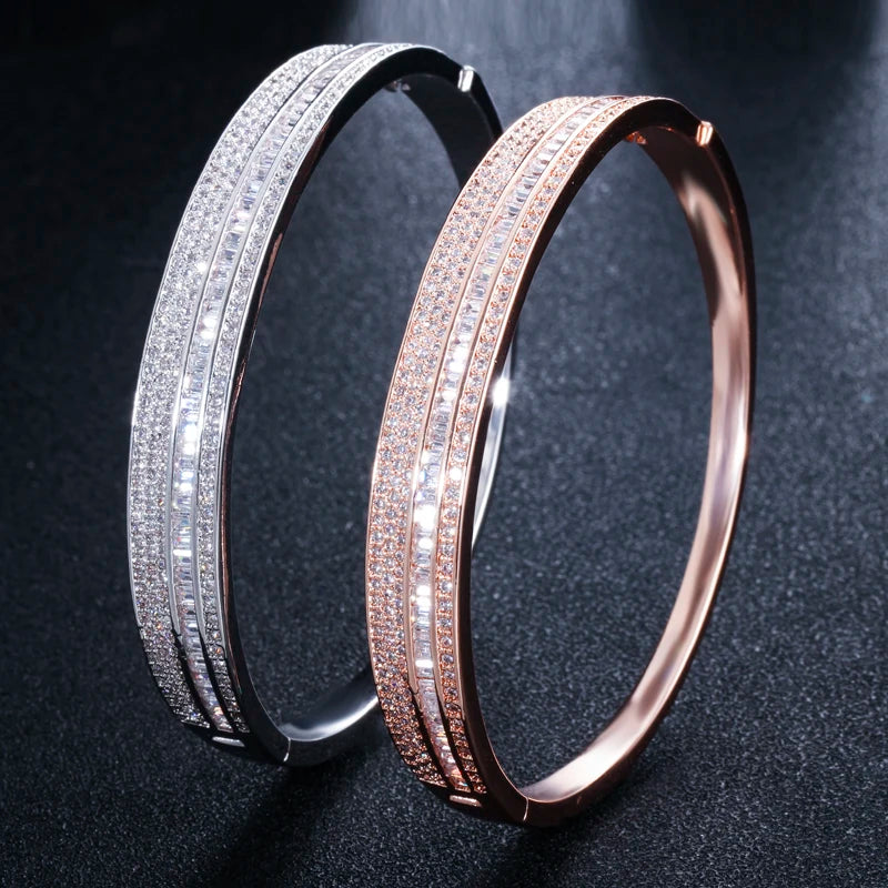 Sparkling Cubic Zirconia Rose Gold Color Big Round Circle Cuff Bangles Luxury Jewelry