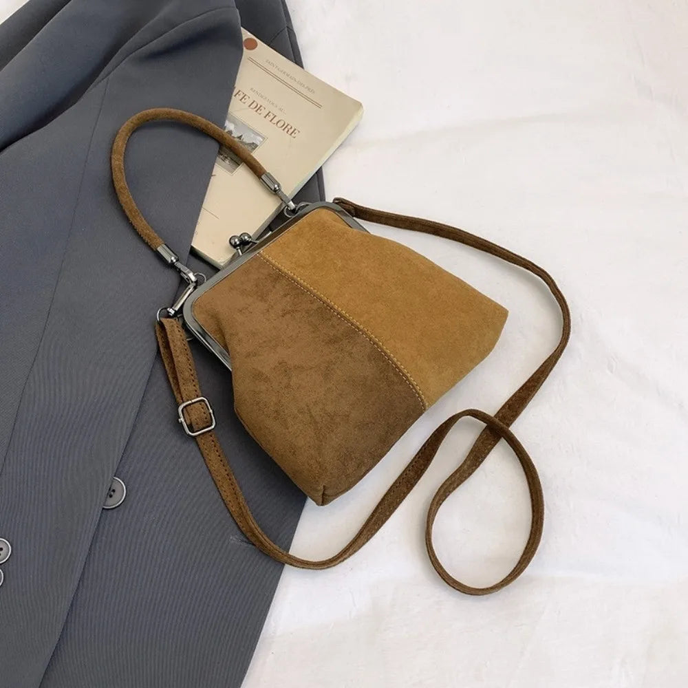 Large Capacity Retro Frosted Handbag Kiss Lock PU Leather Crossbody Clip Closure
