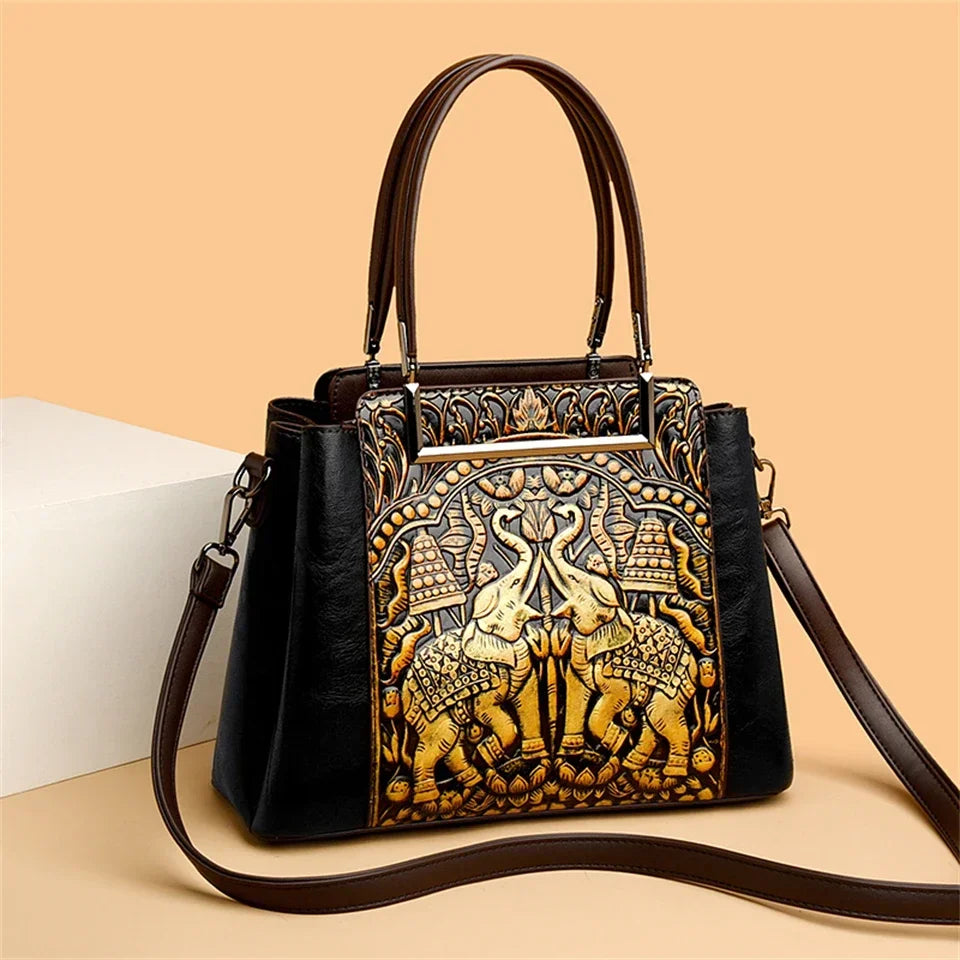Vintage Embossed Handmade Handbag Versatile PU Leather Bag Large Capacity