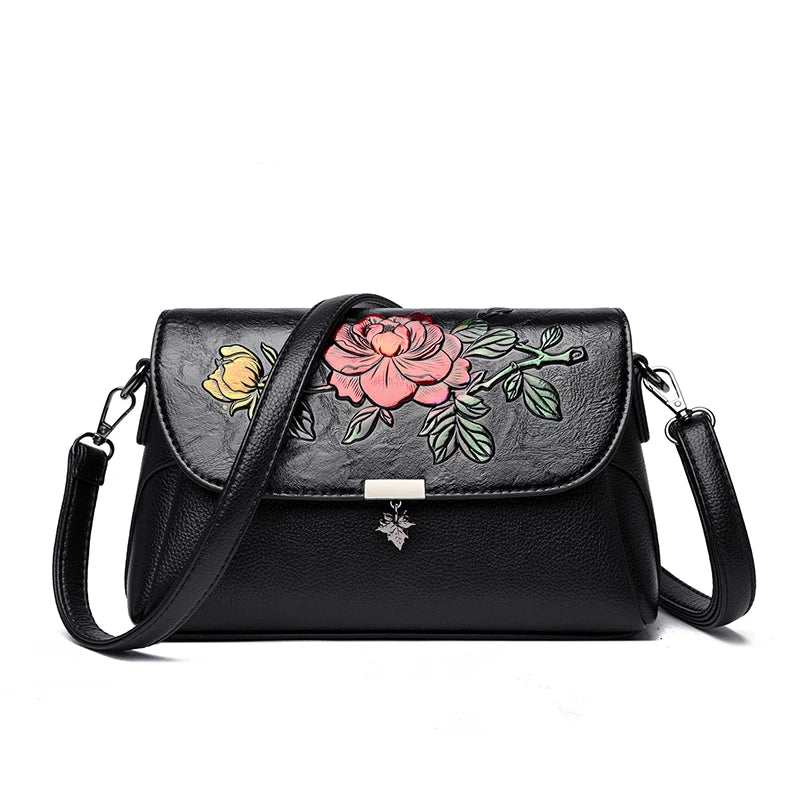 Vintage 3D Floral Embossed Crossbody Bag Soft Leather Elegant Bag Luxury Handbag