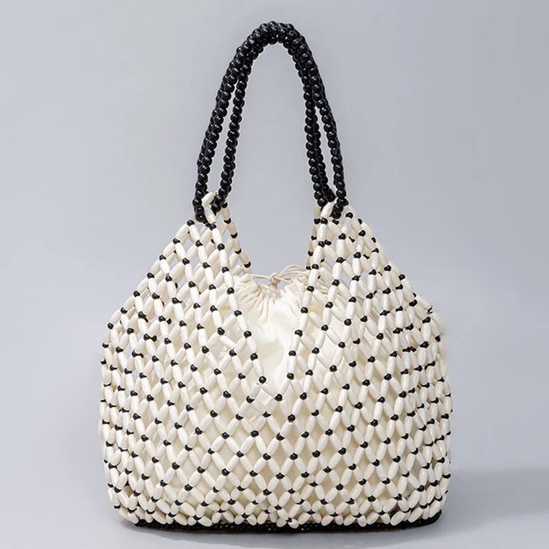 Exquisite Hollow-out Wooden Beaded Shoulder Handbag