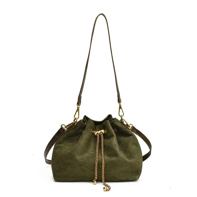 Soft Solid Faux Suede Simple Commuting Crossbody Bags String Closure Type Handbags