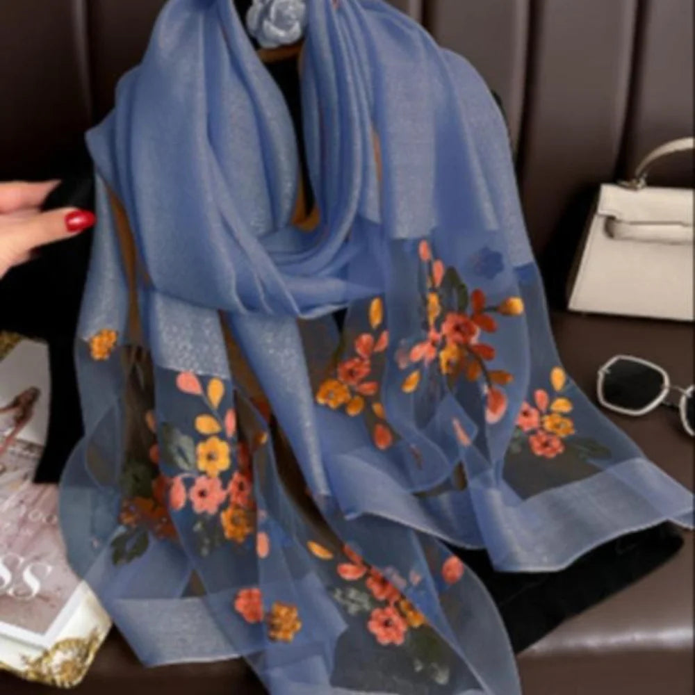 Elegant floral embroidered silk scarf for women stylish sunscreen beach shaw
