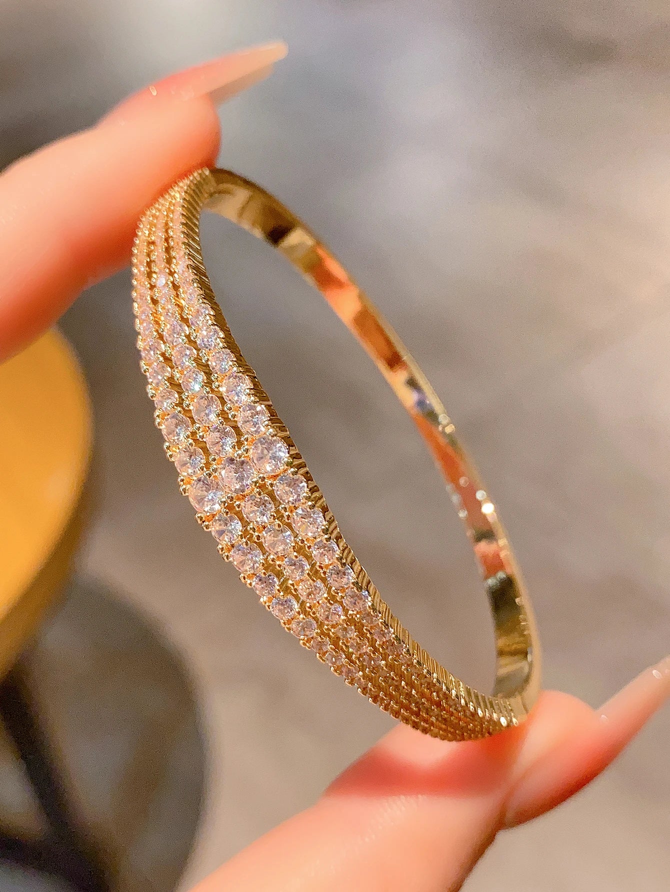 Elegant designer open bangle 18k gold plated brass cubic zircon bracelet