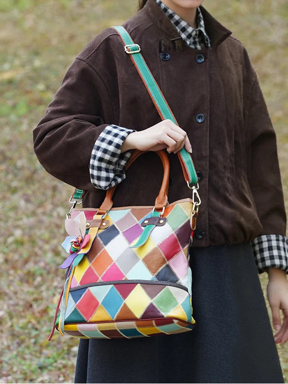 Fashionable Patchwork Tote Bag Genuine Leather Large Capacity