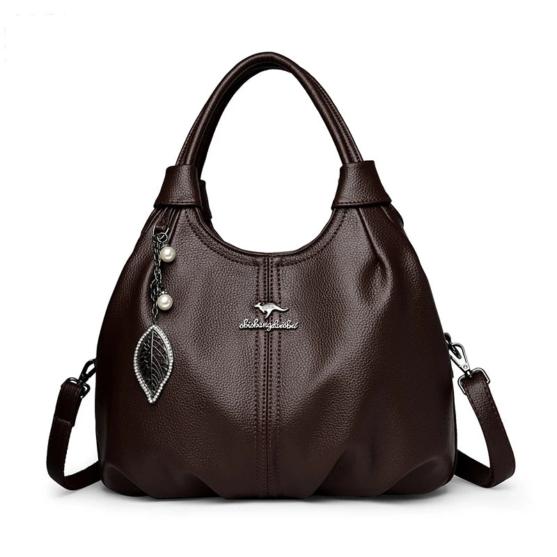 Soft Leather Hobo Handbag 3 Layer Shoulder Crossbody Bag with Pearl Leaf Pendant