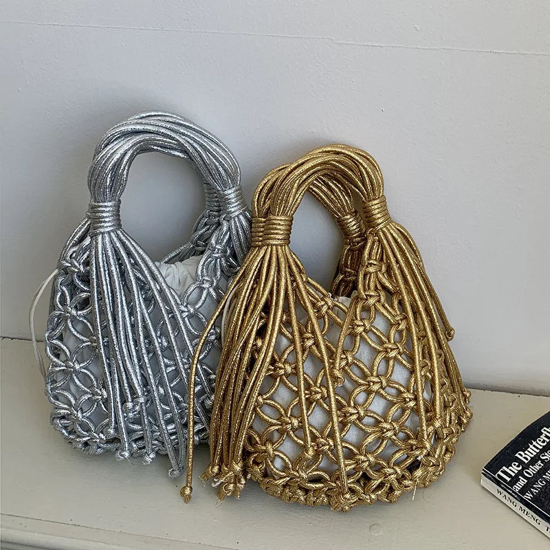 Handwoven Macrame Shoulder Bags Wood Beads & Tassel