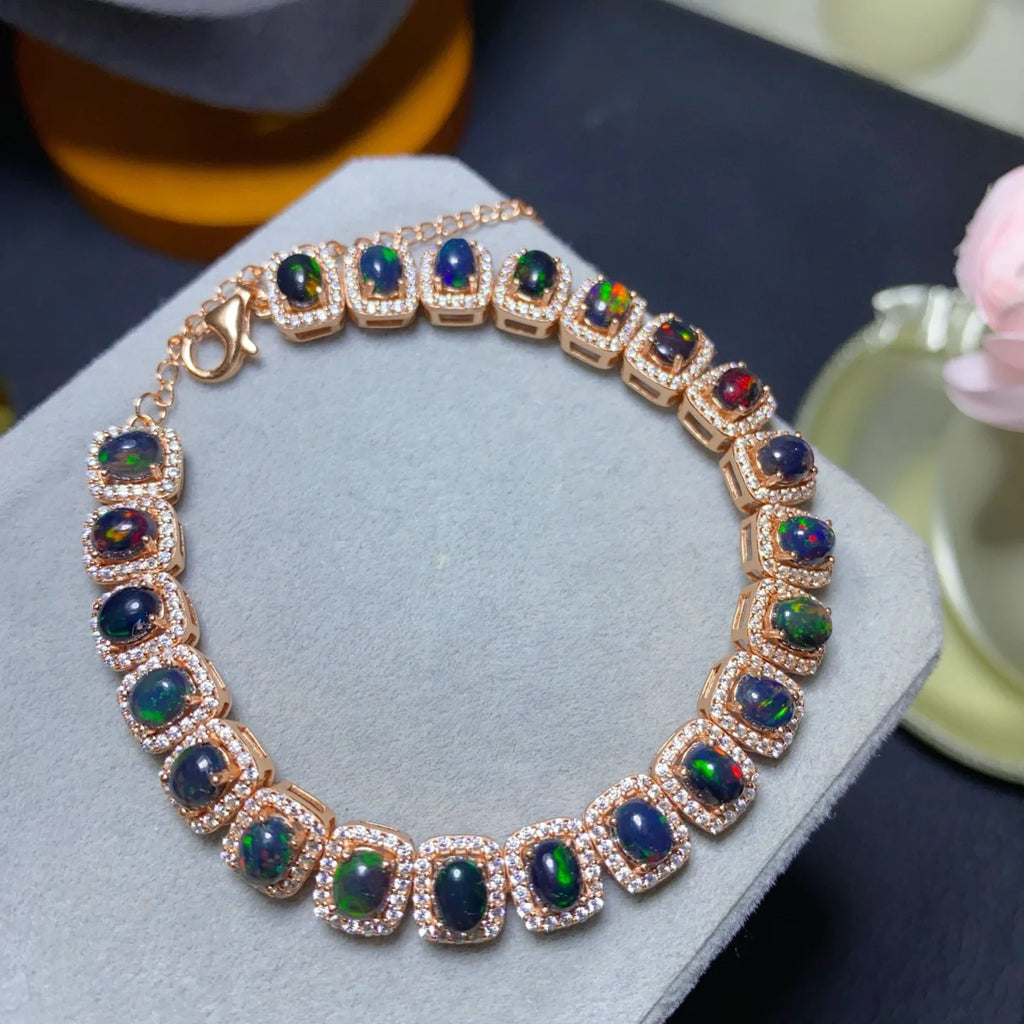 Natural Flash Fire Black Opal Bracelet 4*5mm Large Center Stone