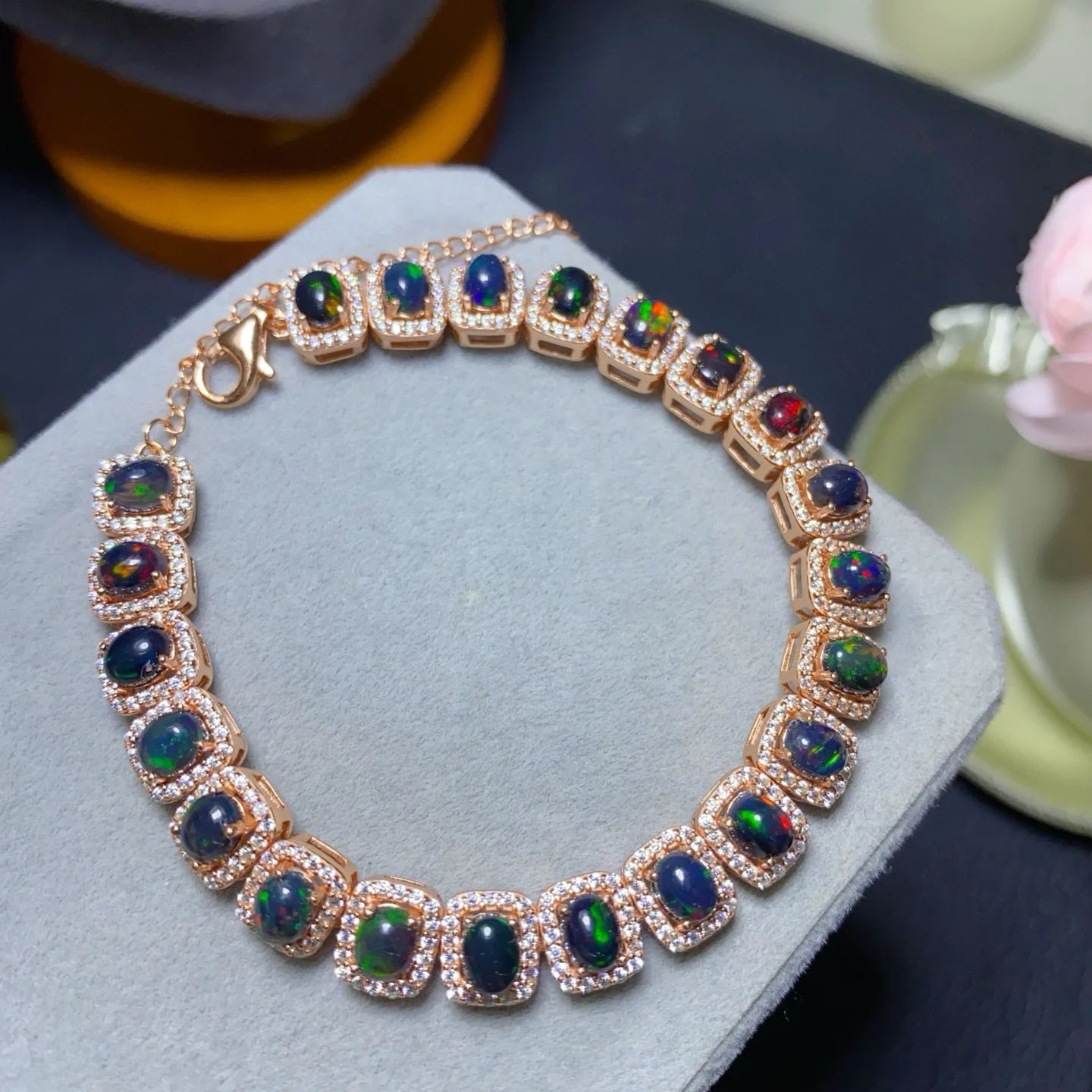 Natural Flash Fire Black Opal Bracelet 4*5mm Large Center Stone