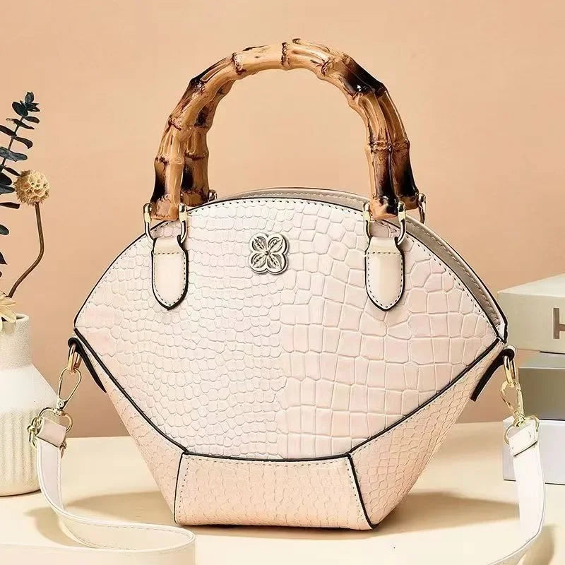 Fashionable Bag Texture Retro Bamboo Handbag Niche Creative Stone Pattern Leather Bag