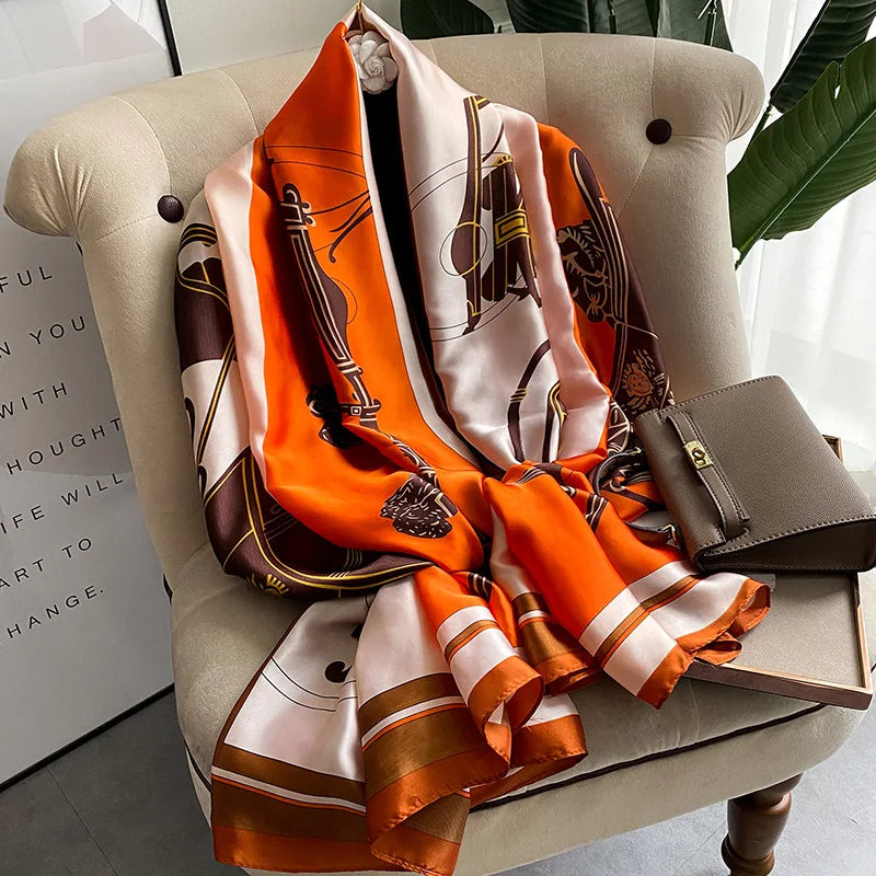 180*90cm Large Silk Satin Scarf Hijab Women Print Shawl