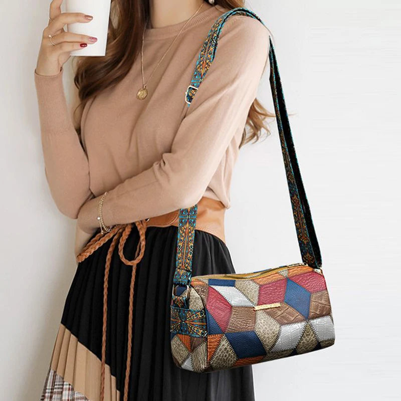 Distinctly ethnic style shoulder strap design neutral color rectangular crossbody bag