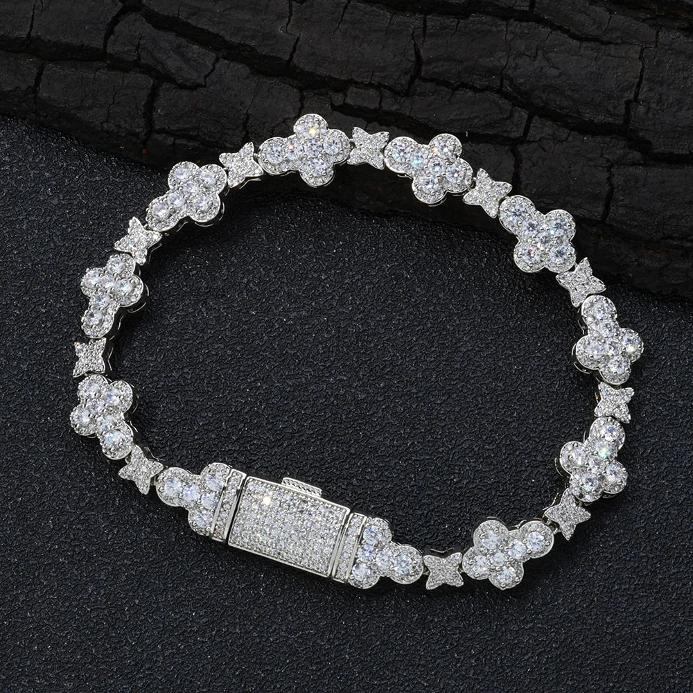Trendy Niche Jewelry Chain 10mm Cross Flower Filled Zircon Bracelet for Men and Women