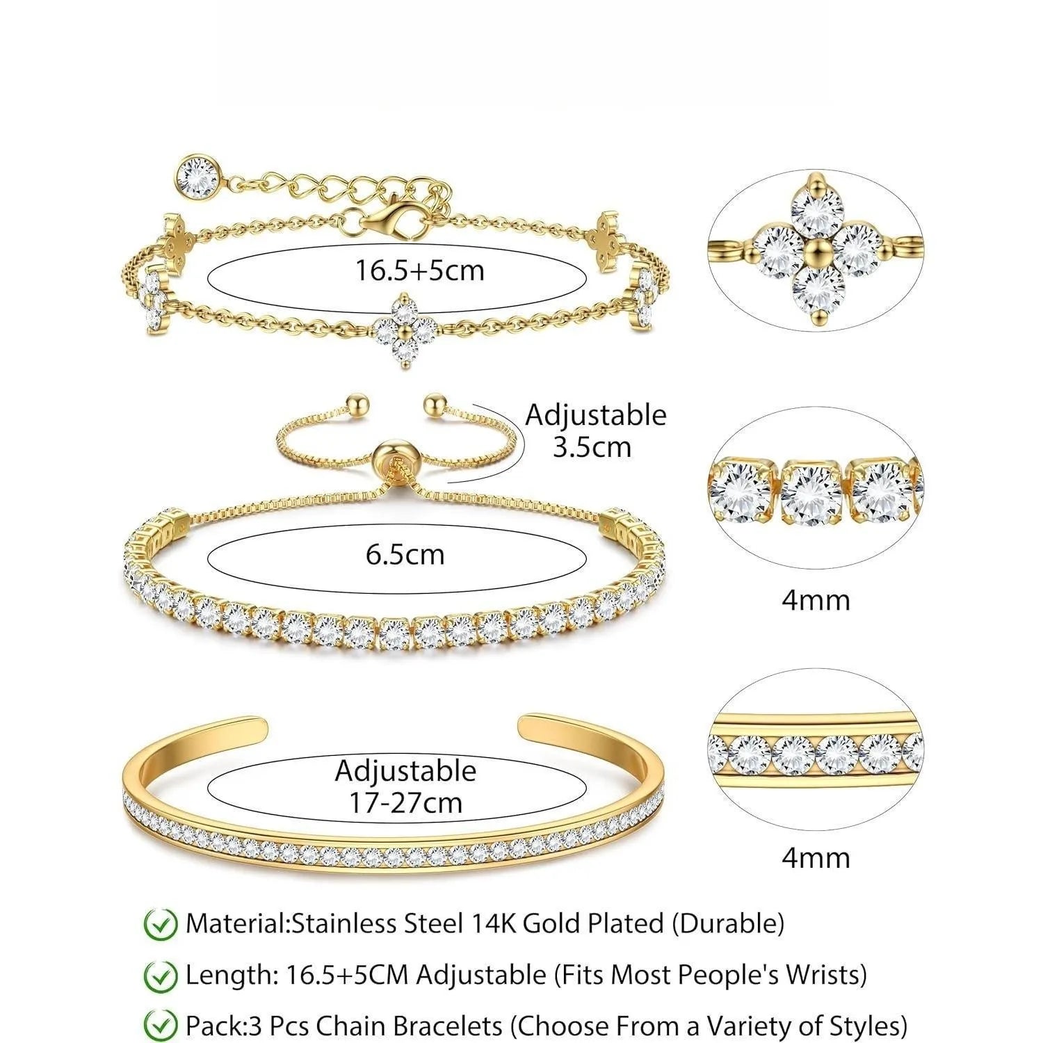 3PC Stackable Set Adjustable 14K Gold-Plated Tennis Bracelets